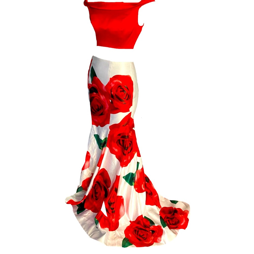 red and floral rose two piece prom dress